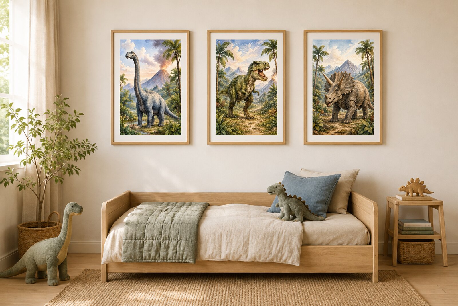 Child’s room with a ZENOYE dinosaur print